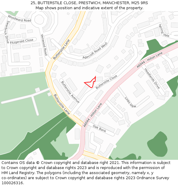 25, BUTTERSTILE CLOSE, PRESTWICH, MANCHESTER, M25 9RS: Location map and indicative extent of plot