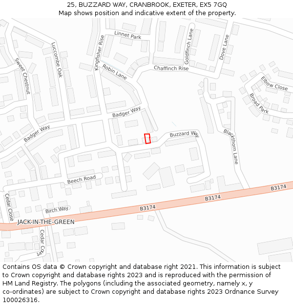 25, BUZZARD WAY, CRANBROOK, EXETER, EX5 7GQ: Location map and indicative extent of plot