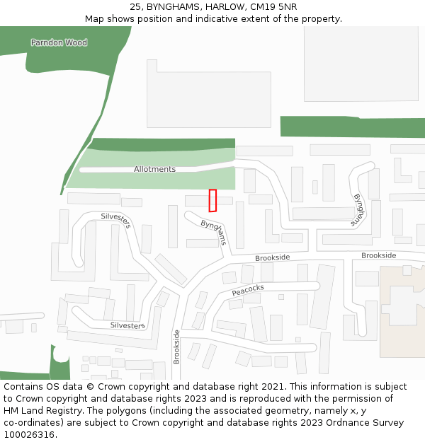 25, BYNGHAMS, HARLOW, CM19 5NR: Location map and indicative extent of plot