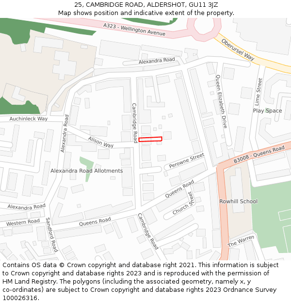 25, CAMBRIDGE ROAD, ALDERSHOT, GU11 3JZ: Location map and indicative extent of plot