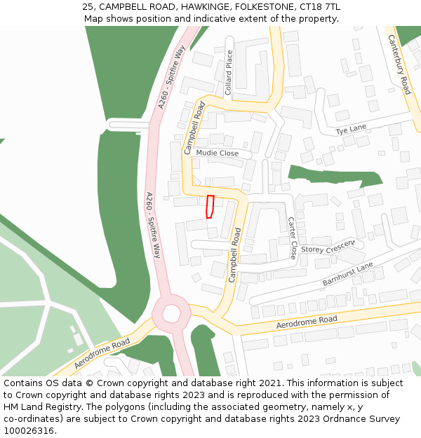 25, CAMPBELL ROAD, HAWKINGE, FOLKESTONE, CT18 7TL: Location map and indicative extent of plot