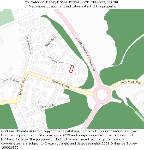 25, CAMPION DRIVE, DONNINGTON WOOD, TELFORD, TF2 7RH: Location map and indicative extent of plot