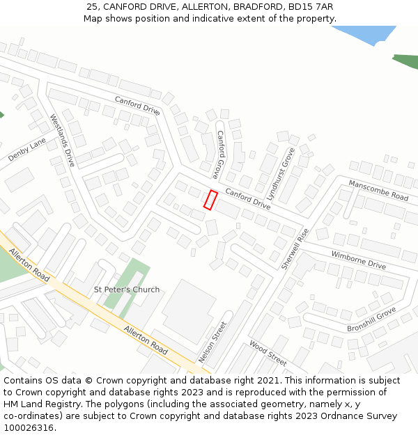 25, CANFORD DRIVE, ALLERTON, BRADFORD, BD15 7AR: Location map and indicative extent of plot