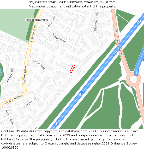 25, CARTER ROAD, MAIDENBOWER, CRAWLEY, RH10 7NY: Location map and indicative extent of plot