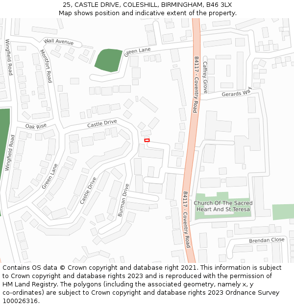 25, CASTLE DRIVE, COLESHILL, BIRMINGHAM, B46 3LX: Location map and indicative extent of plot