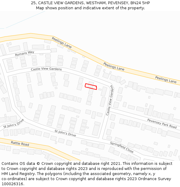 25, CASTLE VIEW GARDENS, WESTHAM, PEVENSEY, BN24 5HP: Location map and indicative extent of plot