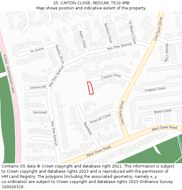 25, CAYTON CLOSE, REDCAR, TS10 4RB: Location map and indicative extent of plot