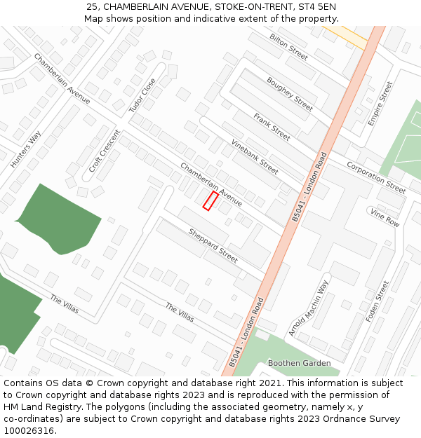 25, CHAMBERLAIN AVENUE, STOKE-ON-TRENT, ST4 5EN: Location map and indicative extent of plot