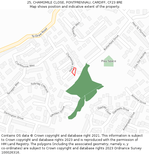 25, CHAMOMILE CLOSE, PONTPRENNAU, CARDIFF, CF23 8RE: Location map and indicative extent of plot