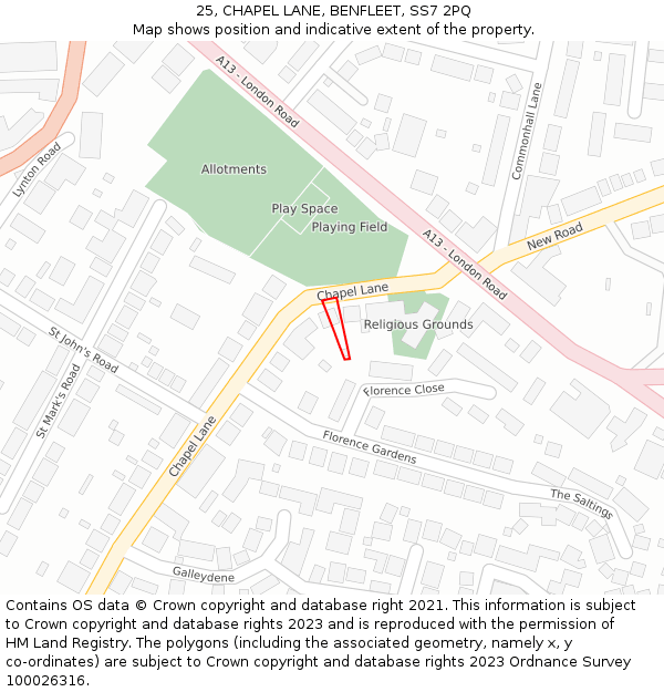 25, CHAPEL LANE, BENFLEET, SS7 2PQ: Location map and indicative extent of plot