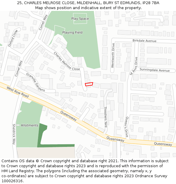 25, CHARLES MELROSE CLOSE, MILDENHALL, BURY ST EDMUNDS, IP28 7BA: Location map and indicative extent of plot