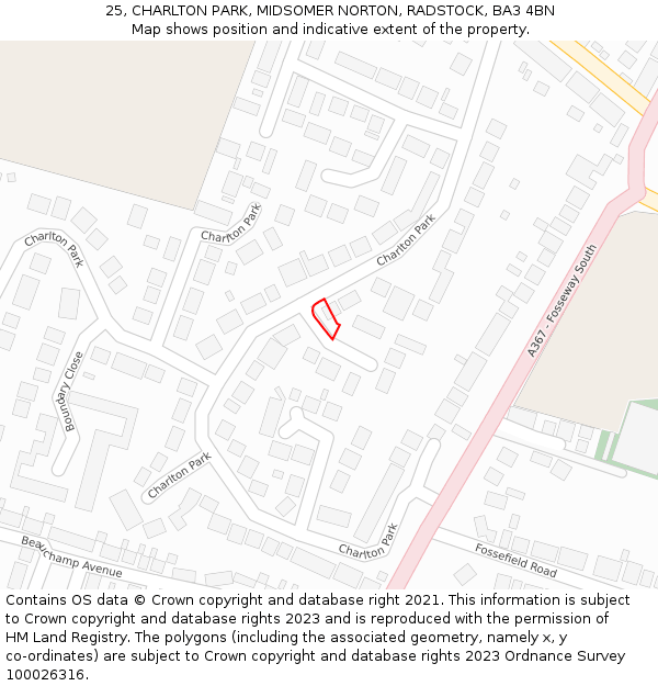 25, CHARLTON PARK, MIDSOMER NORTON, RADSTOCK, BA3 4BN: Location map and indicative extent of plot