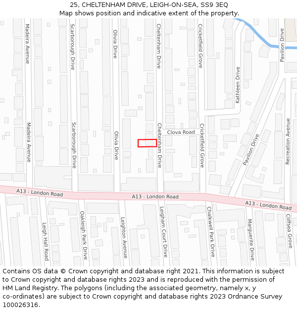 25, CHELTENHAM DRIVE, LEIGH-ON-SEA, SS9 3EQ: Location map and indicative extent of plot