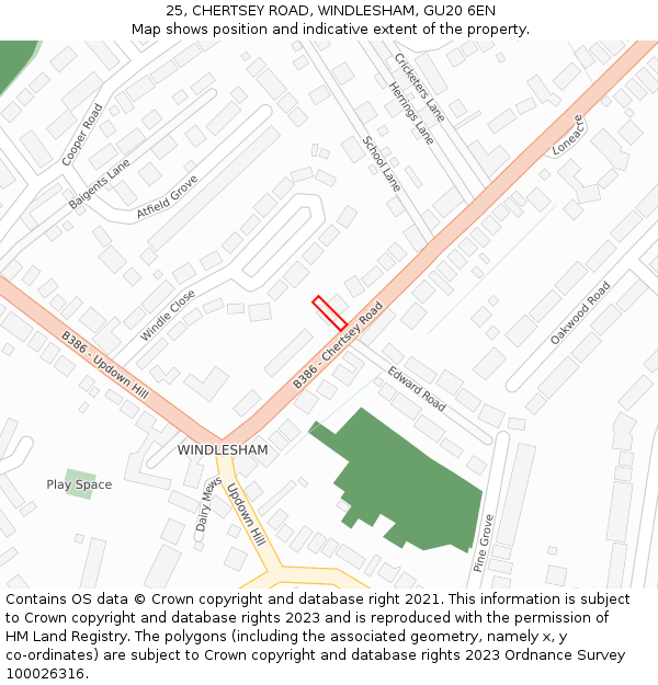 25, CHERTSEY ROAD, WINDLESHAM, GU20 6EN: Location map and indicative extent of plot