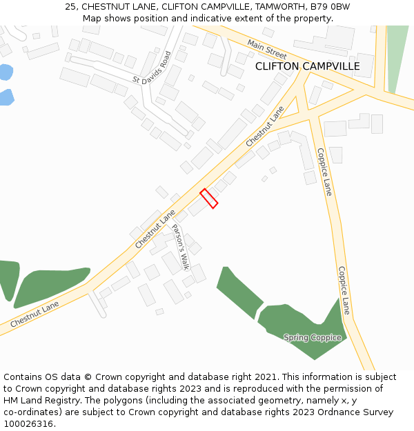 25, CHESTNUT LANE, CLIFTON CAMPVILLE, TAMWORTH, B79 0BW: Location map and indicative extent of plot