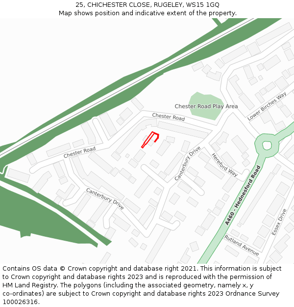 25, CHICHESTER CLOSE, RUGELEY, WS15 1GQ: Location map and indicative extent of plot