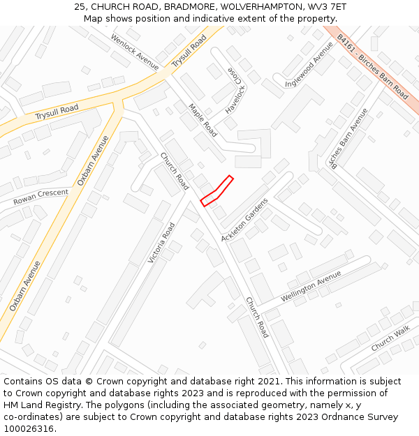 25, CHURCH ROAD, BRADMORE, WOLVERHAMPTON, WV3 7ET: Location map and indicative extent of plot