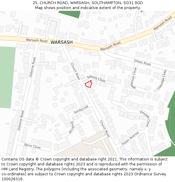 25, CHURCH ROAD, WARSASH, SOUTHAMPTON, SO31 9GD: Location map and indicative extent of plot