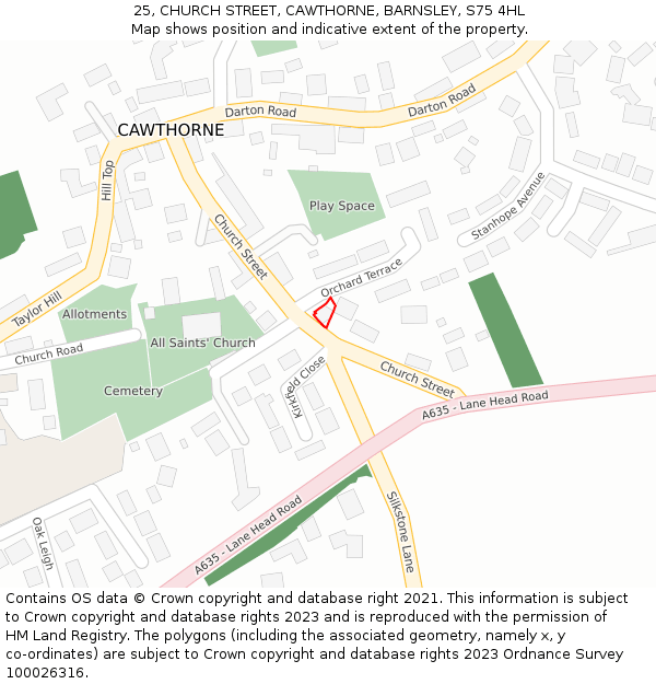 25, CHURCH STREET, CAWTHORNE, BARNSLEY, S75 4HL: Location map and indicative extent of plot