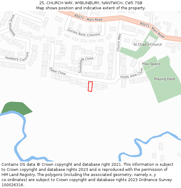 25, CHURCH WAY, WYBUNBURY, NANTWICH, CW5 7SB: Location map and indicative extent of plot