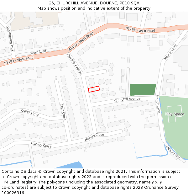 25, CHURCHILL AVENUE, BOURNE, PE10 9QA: Location map and indicative extent of plot