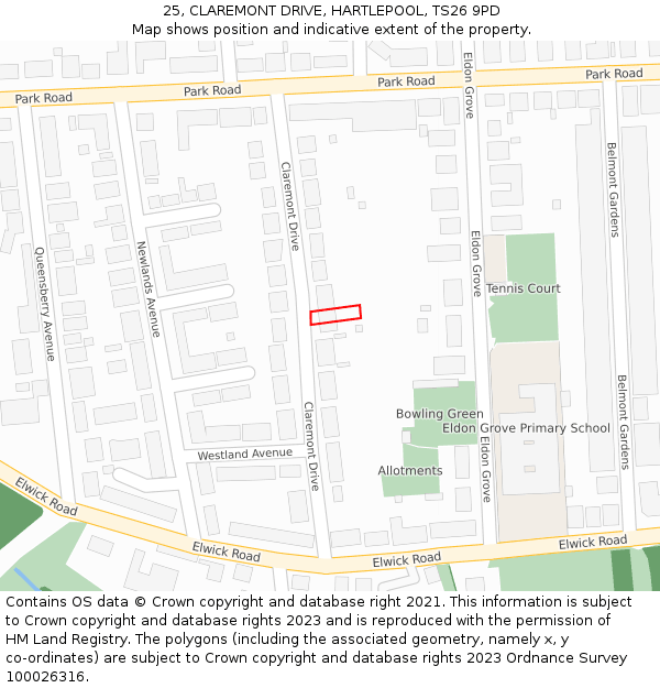 25, CLAREMONT DRIVE, HARTLEPOOL, TS26 9PD: Location map and indicative extent of plot