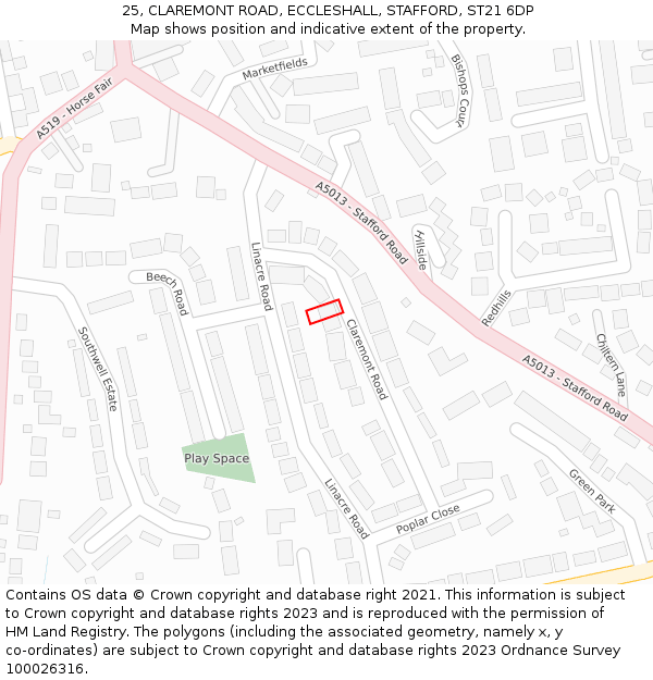 25, CLAREMONT ROAD, ECCLESHALL, STAFFORD, ST21 6DP: Location map and indicative extent of plot