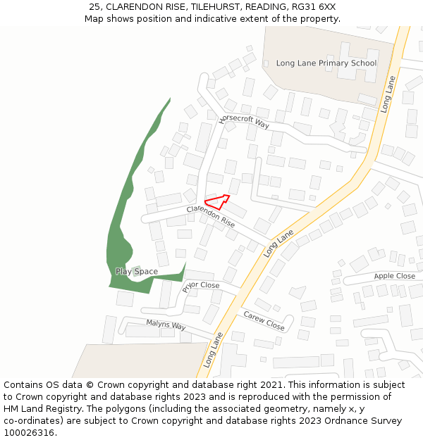 25, CLARENDON RISE, TILEHURST, READING, RG31 6XX: Location map and indicative extent of plot