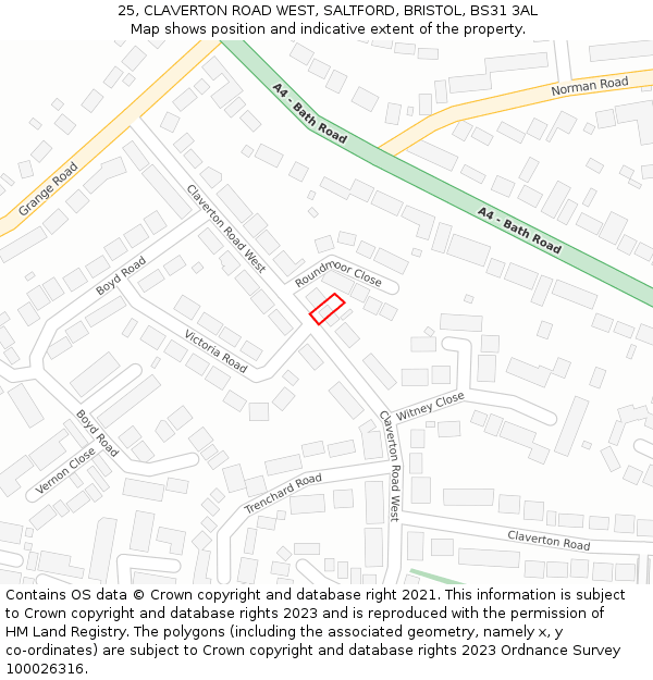 25, CLAVERTON ROAD WEST, SALTFORD, BRISTOL, BS31 3AL: Location map and indicative extent of plot