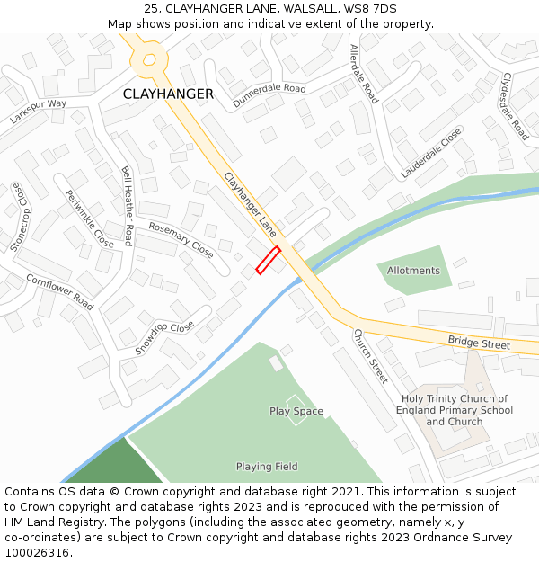 25, CLAYHANGER LANE, WALSALL, WS8 7DS: Location map and indicative extent of plot