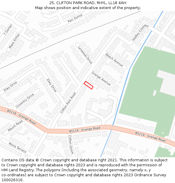 25, CLIFTON PARK ROAD, RHYL, LL18 4AH: Location map and indicative extent of plot