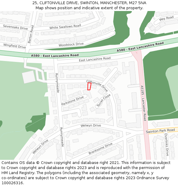 25, CLIFTONVILLE DRIVE, SWINTON, MANCHESTER, M27 5NA: Location map and indicative extent of plot