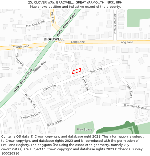 25, CLOVER WAY, BRADWELL, GREAT YARMOUTH, NR31 8RH: Location map and indicative extent of plot