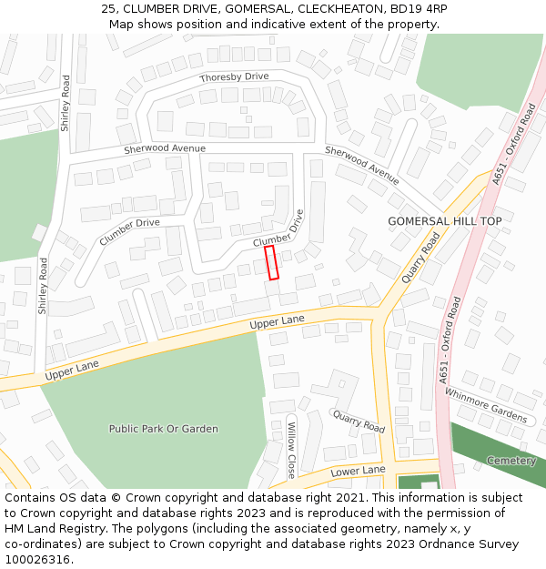 25, CLUMBER DRIVE, GOMERSAL, CLECKHEATON, BD19 4RP: Location map and indicative extent of plot