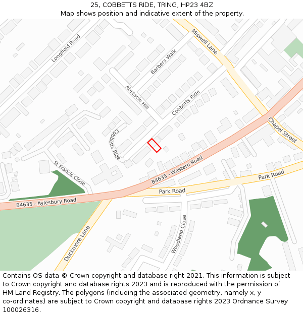 25, COBBETTS RIDE, TRING, HP23 4BZ: Location map and indicative extent of plot