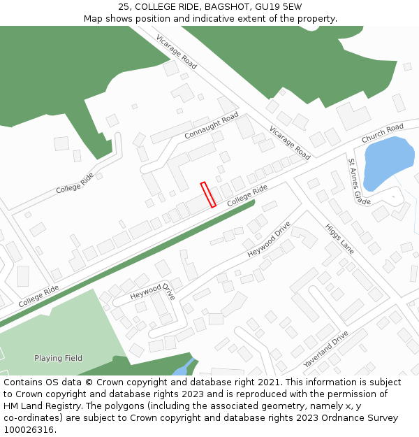 25, COLLEGE RIDE, BAGSHOT, GU19 5EW: Location map and indicative extent of plot