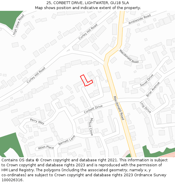 25, CORBETT DRIVE, LIGHTWATER, GU18 5LA: Location map and indicative extent of plot