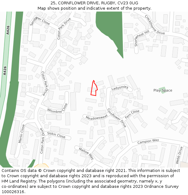 25, CORNFLOWER DRIVE, RUGBY, CV23 0UG: Location map and indicative extent of plot