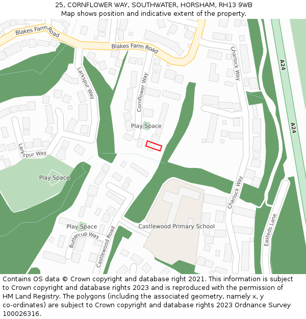 25, CORNFLOWER WAY, SOUTHWATER, HORSHAM, RH13 9WB: Location map and indicative extent of plot