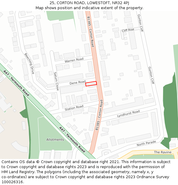 25, CORTON ROAD, LOWESTOFT, NR32 4PJ: Location map and indicative extent of plot