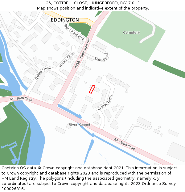 25, COTTRELL CLOSE, HUNGERFORD, RG17 0HF: Location map and indicative extent of plot