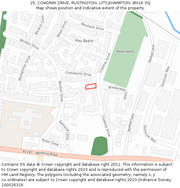 25, COWDRAY DRIVE, RUSTINGTON, LITTLEHAMPTON, BN16 3SJ: Location map and indicative extent of plot