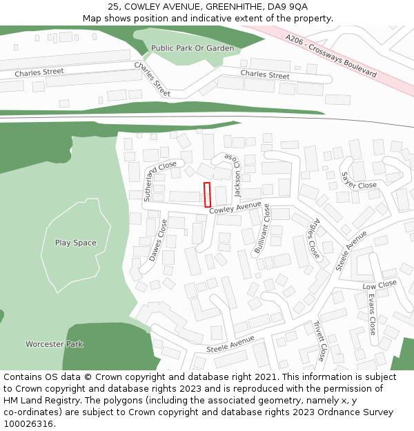 25, COWLEY AVENUE, GREENHITHE, DA9 9QA: Location map and indicative extent of plot