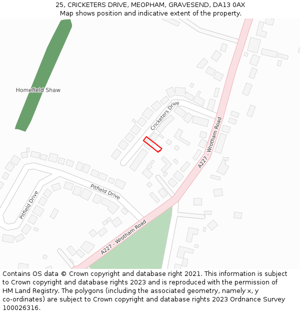 25, CRICKETERS DRIVE, MEOPHAM, GRAVESEND, DA13 0AX: Location map and indicative extent of plot