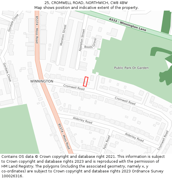 25, CROMWELL ROAD, NORTHWICH, CW8 4BW: Location map and indicative extent of plot