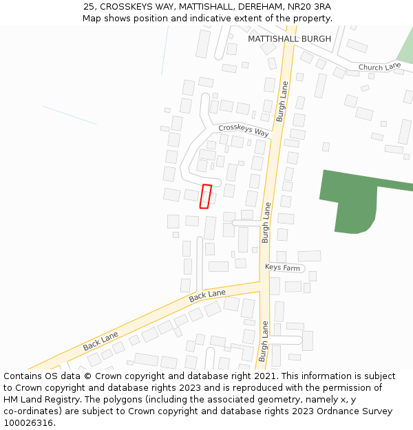 25, CROSSKEYS WAY, MATTISHALL, DEREHAM, NR20 3RA: Location map and indicative extent of plot