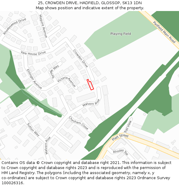 25, CROWDEN DRIVE, HADFIELD, GLOSSOP, SK13 1DN: Location map and indicative extent of plot