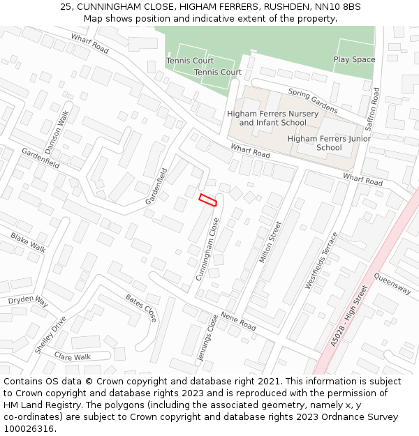 25, CUNNINGHAM CLOSE, HIGHAM FERRERS, RUSHDEN, NN10 8BS: Location map and indicative extent of plot