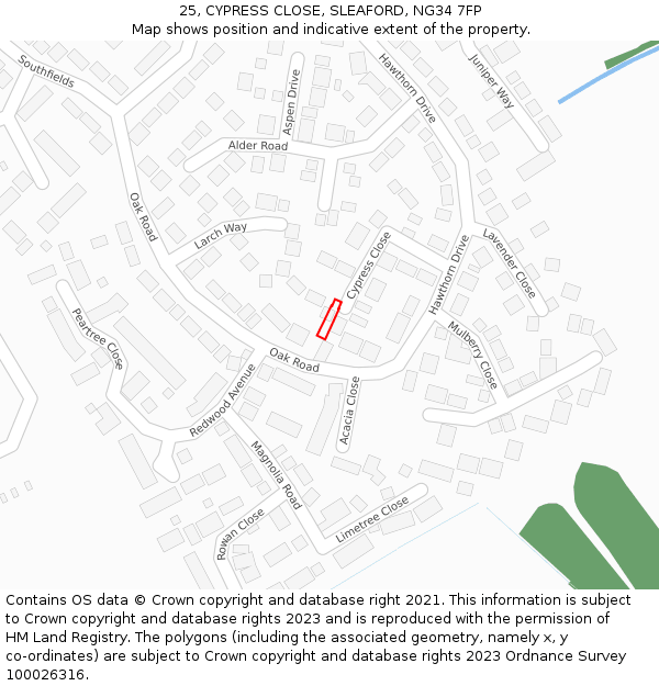 25, CYPRESS CLOSE, SLEAFORD, NG34 7FP: Location map and indicative extent of plot