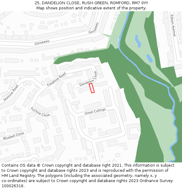 25, DANDELION CLOSE, RUSH GREEN, ROMFORD, RM7 0YY: Location map and indicative extent of plot